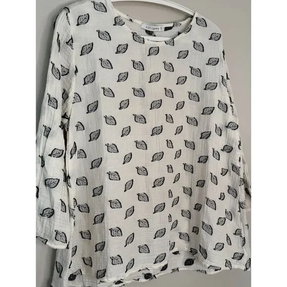 Cut Loose NWT Leaf Print Cotton Gauze Top Oversize XS Boho Relaxed Natural USA - Picture 7 of 9